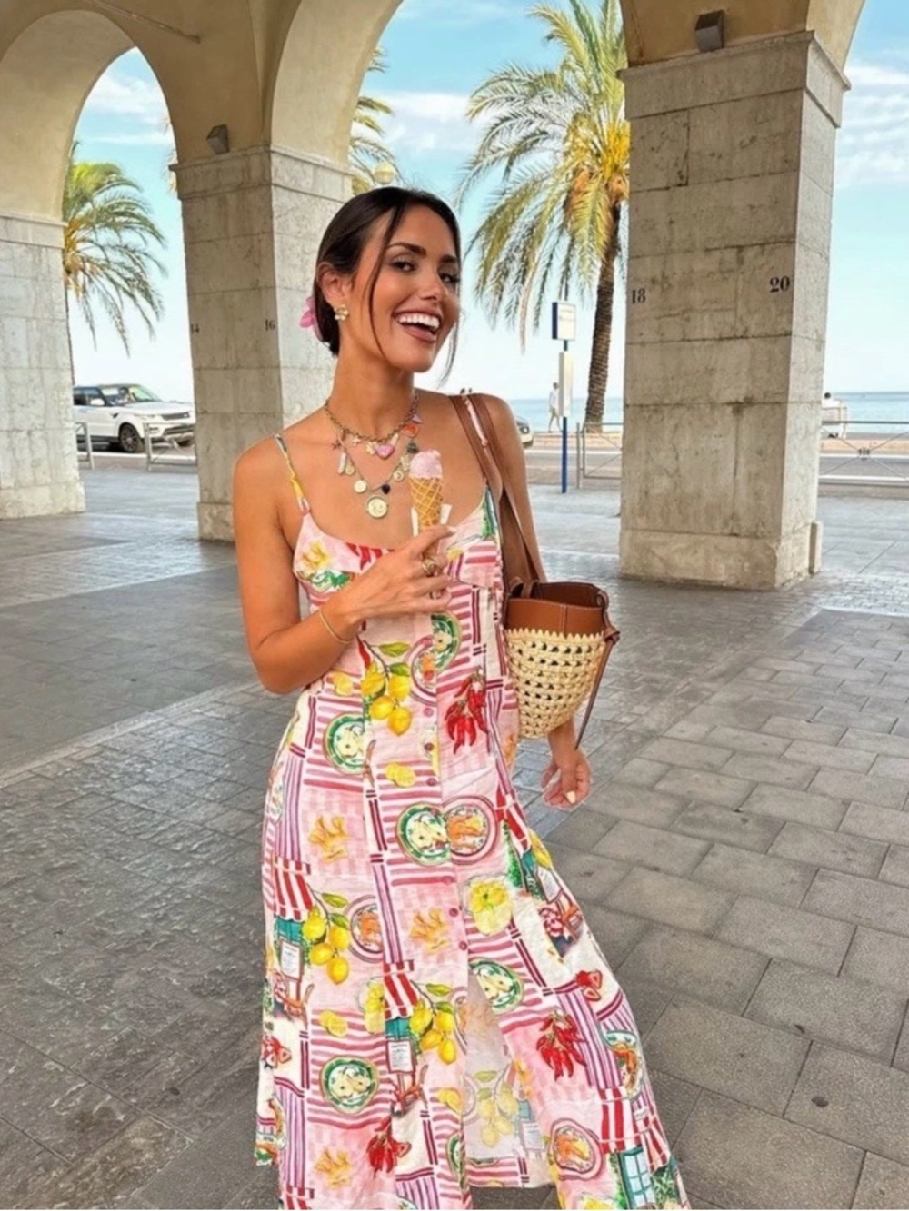 Zara Floral Pink Lemon Print Maxi Dress - Italy Inspired Summer Linnen Dress - Picture 1 of 11